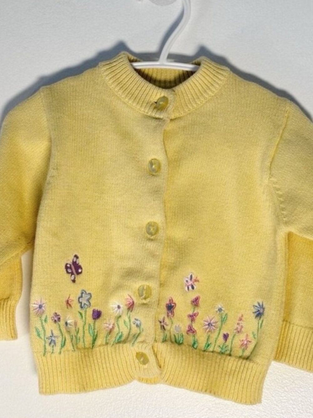 Vintage 90s Cherokee Embroidered Floral Pastel Yellow Cardigan 100% Cotton 12M